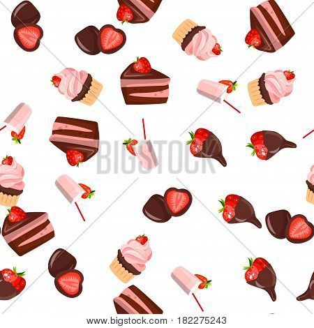 Very high quality original trendy vector seamless pattern with a strawberry in chocolate and milkshake