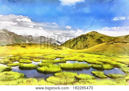 Beautiful scenery landscape with mountain lake at sunny day colorful painting