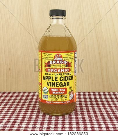 Spencer Wisconsin April 18 2017 Bottle of Bragg Apple Cider Vinegar Bragg is an American based company founded in 1912