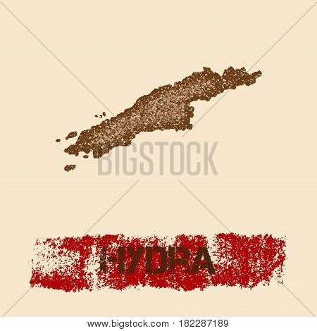Hydra Distressed Map. Grunge Patriotic Poster With Textured Island Ink Stamp And Roller Paint Mark,