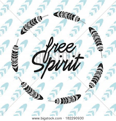 free spirit lettering with feathes stamp vector illustration eps 10