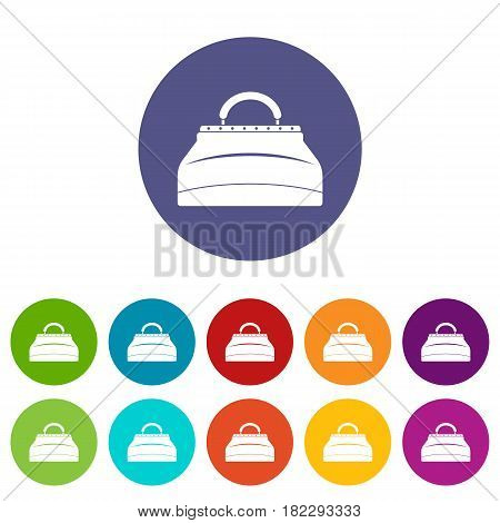 Carpetbag icons set in circle isolated flat vector illustration