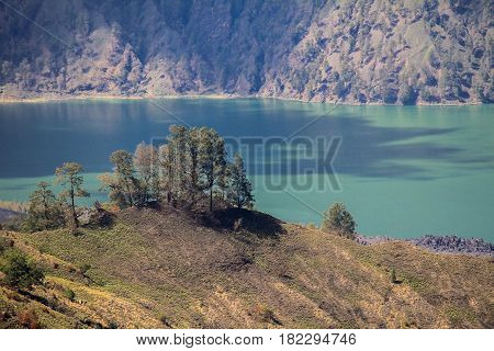 View of Segara Anak lake from the top of Mt Rinjani, Lombok Indonesia