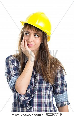 Young woman architect builder verify construction site work. Isolated on white background.
