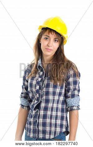 Young woman architect builder verify construction site work. Isolated on white background.