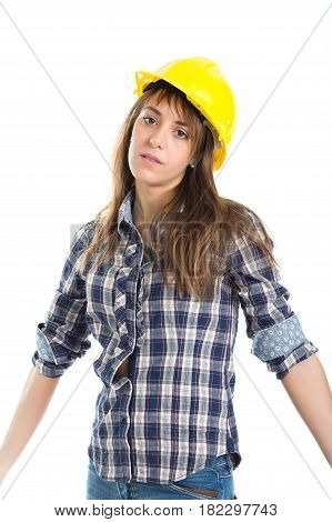 Young woman architect builder verify construction site work. Isolated on white background.