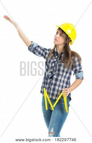 Young woman architect builder verify construction site work. Isolated on white background.