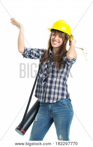 Young woman architect builder verify construction site work. Isolated on white background.