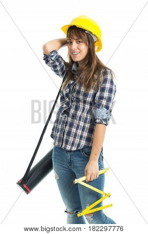 Young woman architect builder verify construction site work. Isolated on white background.