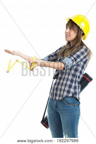 Young woman architect builder verify construction site work. Isolated on white background.