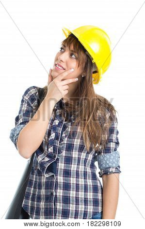 Young woman architect builder verify construction site work. Isolated on white background.