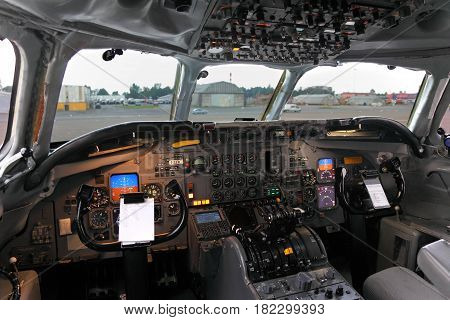 SHEREMETYEVO, MOSCOW REGION, RUSSIA - JULY 12, 2012: Cockpit of Douglas DC-8F of Air Transort International standing at Sheremetyevo international airport.