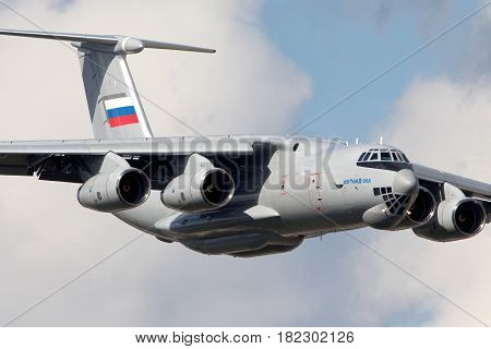 ZHUKOVSKY, MOSCOW REGION, RUSSIA - JULY 14, 2014: New Ilyushin IL-76MD-90A IL-476 78650 makes demo flight in Zhukovsky during MAKS-2013 airshow.