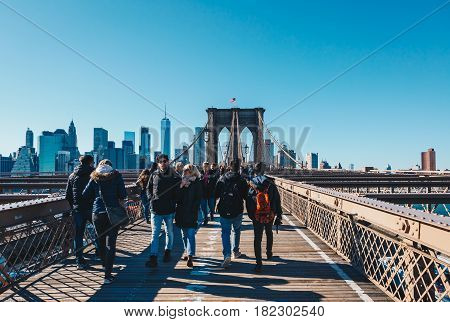 New York CityUSA - March 19 2017: View from the pedestrian walkway of the Brooklyn Bridge. The Brooklyn Bridge is connects the boroughs of Manhattan and Brooklyn and is one of the biggest suspension bridge in the world.