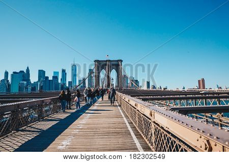 New York CityUSA - March 19 2017: View from the pedestrian walkway of the Brooklyn Bridge. The Brooklyn Bridge is connects the boroughs of Manhattan and Brooklyn and is one of the biggest suspension bridge in the world.