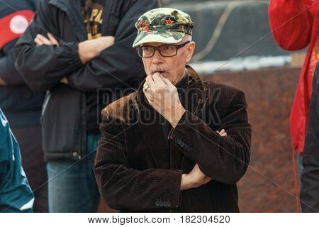 MOSCOW - MAY 1, 2016: Eduard Limonov - Russian writer, poet, essayist, politician, founder and former leader of the banned National Bolshevik Party, in rally marking the May Day.