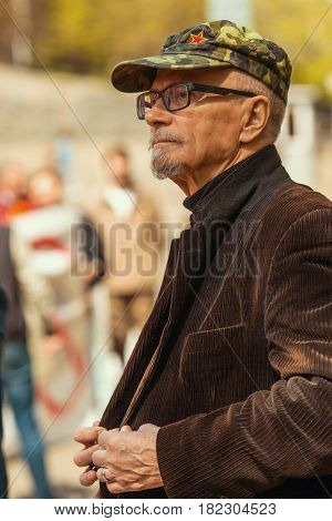 MOSCOW - MAY 1, 2016: Eduard Limonov - Russian writer, poet, essayist, politician, founder and former leader of the banned National Bolshevik Party, in rally marking the May Day.