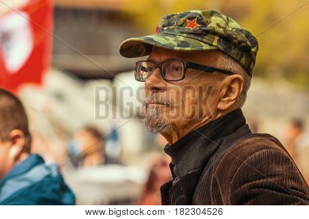MOSCOW - MAY 1, 2016: Eduard Limonov - Russian writer, poet, essayist, politician, founder and former leader of the banned National Bolshevik Party, in rally marking the May Day.