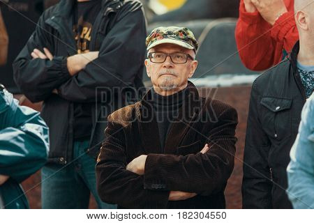 MOSCOW - MAY 1, 2016: Eduard Limonov - Russian writer, poet, essayist, politician, founder and former leader of the banned National Bolshevik Party, in rally marking the May Day.