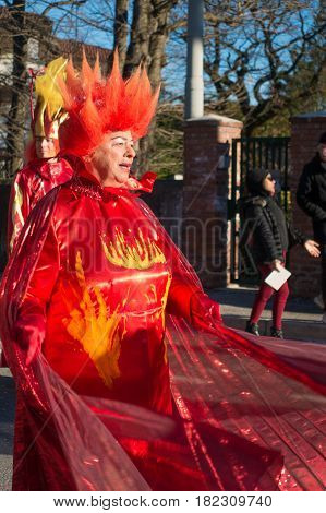 OPICINATRIESTE ITALY - FEBRUARY 25: Unidentified participants in parade of the Carnival. Kraski Pust o Carnevale Carsico. The Carnival Carsico Kraski on February 25 2017