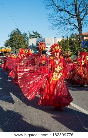 OPICINATRIESTE ITALY - FEBRUARY 25: Unidentified participants in parade of the Carnival. Kraski Pust o Carnevale Carsico. The Carnival Carsico Kraski on February 25 2017