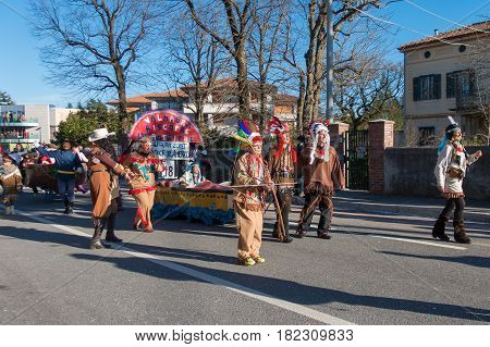 OPICINATRIESTE ITALY - FEBRUARY 25: Unidentified participants in parade of the Carnival. Kraski Pust o Carnevale Carsico. The Carnival Carsico Kraski on February 25 2017
