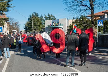 OPICINATRIESTE ITALY - FEBRUARY 25: Unidentified participants in parade of the Carnival. Kraski Pust o Carnevale Carsico. The Carnival Carsico Kraski on February 25 2017