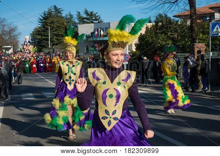 OPICINATRIESTE ITALY - FEBRUARY 25: Unidentified participants in parade of the Carnival. Kraski Pust o Carnevale Carsico. The Carnival Carsico Kraski on February 25 2017