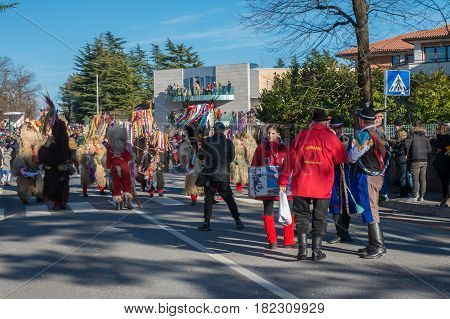 OPICINATRIESTE ITALY - FEBRUARY 25: Unidentified participants in parade of the Carnival. Kraski Pust o Carnevale Carsico. The Carnival Carsico Kraski on February 25 2017