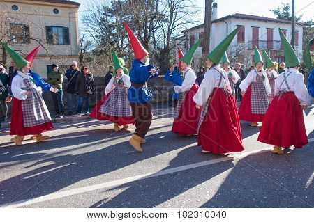 OPICINATRIESTE ITALY - FEBRUARY 25: Unidentified participants in parade of the Carnival. Kraski Pust o Carnevale Carsico. The Carnival Carsico Kraski on February 25 2017