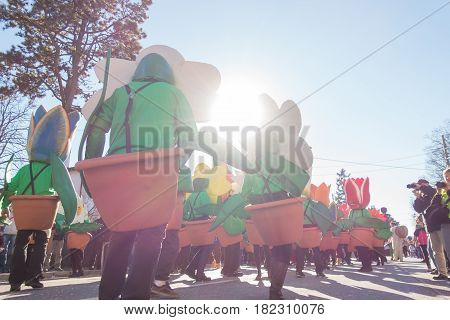 OPICINATRIESTE ITALY - FEBRUARY 25: Unidentified participants in parade of the Carnival. Kraski Pust o Carnevale Carsico. The Carnival Carsico Kraski on February 25 2017