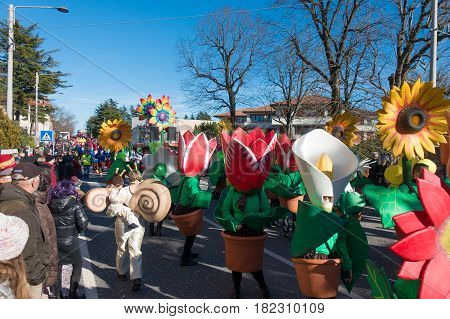OPICINATRIESTE ITALY - FEBRUARY 25: Unidentified participants in parade of the Carnival. Kraski Pust o Carnevale Carsico. The Carnival Carsico Kraski on February 25 2017