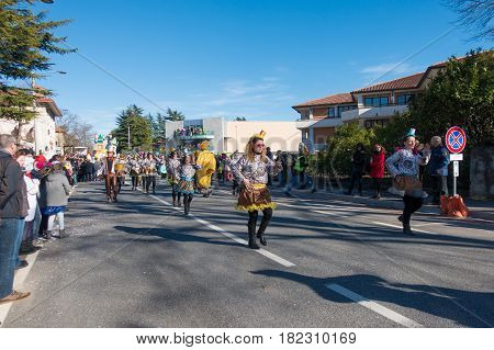OPICINATRIESTE ITALY - FEBRUARY 25: Unidentified participants in parade of the Carnival. Kraski Pust o Carnevale Carsico. The Carnival Carsico Kraski on February 25 2017