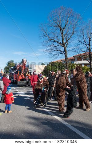 OPICINATRIESTE ITALY - FEBRUARY 25: Unidentified participants in parade of the Carnival. Kraski Pust o Carnevale Carsico. The Carnival Carsico Kraski on February 25 2017