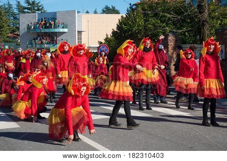 OPICINATRIESTE ITALY - FEBRUARY 25: Unidentified participants in parade of the Carnival. Kraski Pust o Carnevale Carsico. The Carnival Carsico Kraski on February 25 2017
