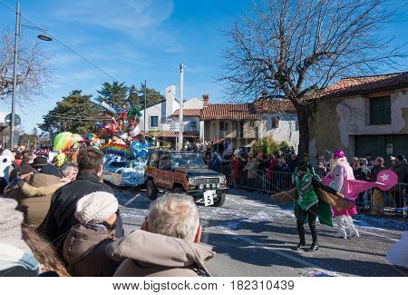 OPICINATRIESTE ITALY - FEBRUARY 25: Unidentified participants in parade of the Carnival. Kraski Pust o Carnevale Carsico. The Carnival Carsico Kraski on February 25 2017