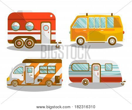 Camping bus or camper van motorhome car or vehicle types. Holiday trip mobile accommodation of vintage or modern caravanette coach. Vector illustration of recreation or family camp travel or tourism
