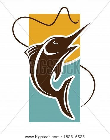 Fishing time logo template. Fish catch on rod hook vector icon for fishery industry or fisherman club and fisher sport adventure or seafood market or store