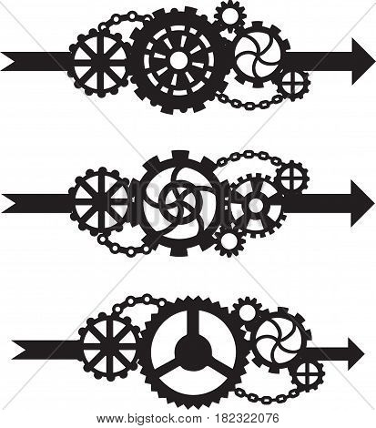 A set of three arrows with gears. Black illustration on a white background