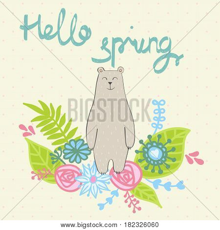 Hello spring. Greeting card with bears in vector.
