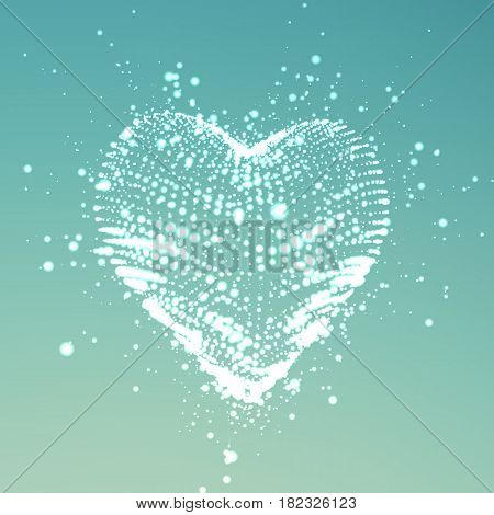 Abstract vector light blue background with glowing heart. Cloud of white shining points in the shape of a heart. Futuristic style card. Eps10