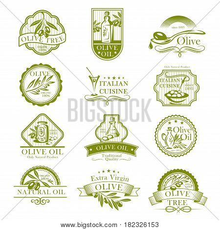 Olive oil vector icons set and fresh olives labels for Italian cuisine or olive products packaging design element. Vector symbols for natural organic food store, cooking or pharmaceutical industry
