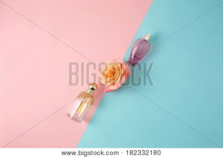 Cosmetics - Perfume on colorful backgroundb with rose