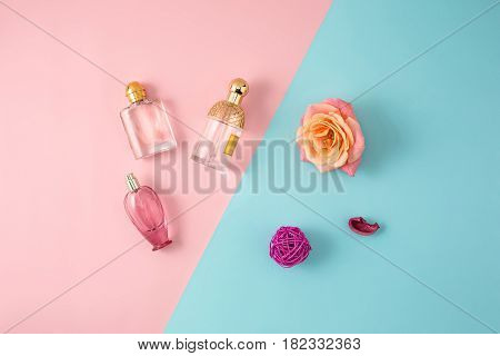 Cosmetics - Perfume on colorful backgroundb with rose