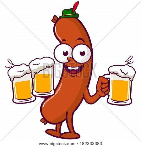 Vector illustration of a cartoon sausage wearing a traditional German hat and holding cold glasses of beer at Oktoberfest.