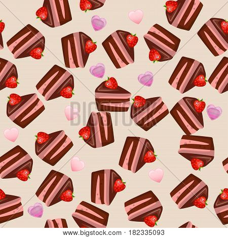 Very high quality original trendy vector seamless pattern with a strawberry chocolate cake
