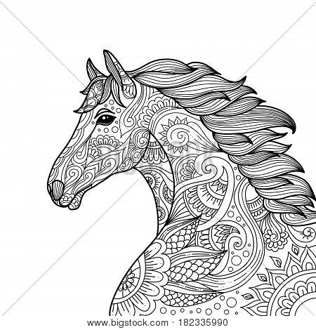 Stylized Hand Drawn Head Horse Coloring Page For Adults Vector Illustration. Anti-stress Coloring Fo