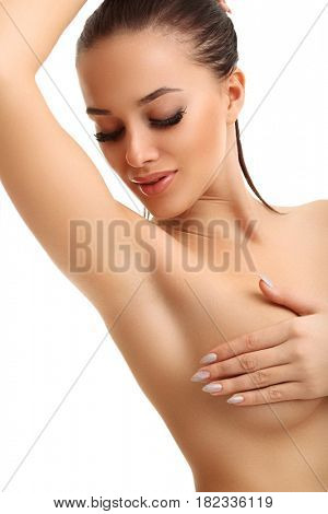 Picture of woman face portrait isolated on white with healthy skin