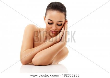 Picture of woman face portrait isolated on white with healthy skin