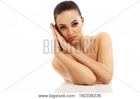 Picture of woman face portrait isolated on white with healthy skin